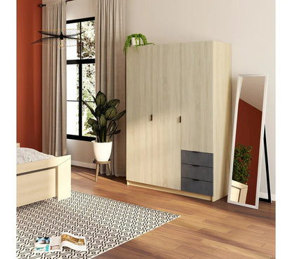 Armoire 3 portes et 3 tiroirs AYALA imitation Chêne