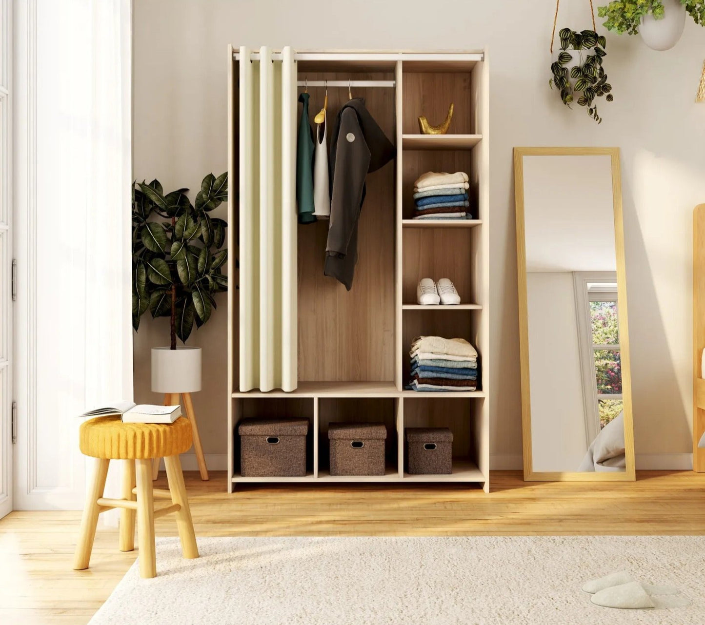 Kit dressing avec rideau beige L.105 cm OPTIMAL 2 imitation chêne